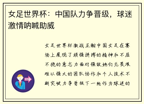 女足世界杯：中国队力争晋级，球迷激情呐喊助威