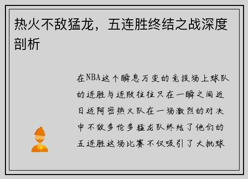 热火不敌猛龙，五连胜终结之战深度剖析
